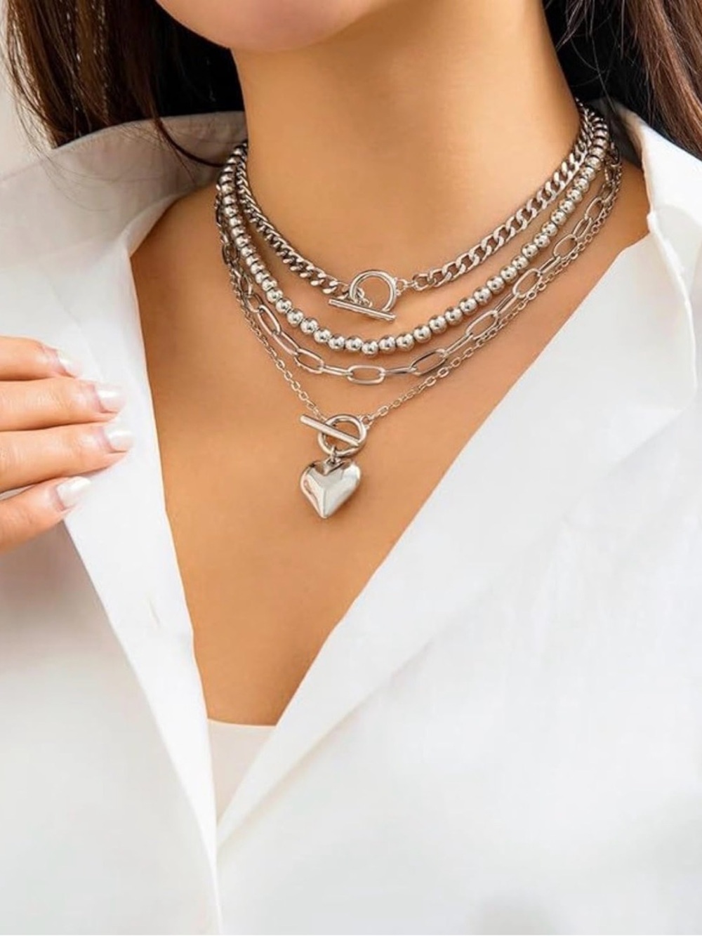 Layered Silver Heart Toggle Necklace - Women Jewelry